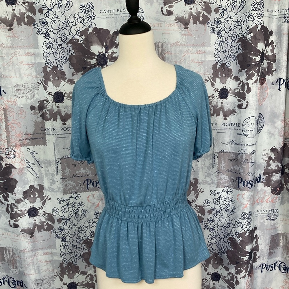 LC Lauren Conrad Blue Smocked Peplum Blouse
